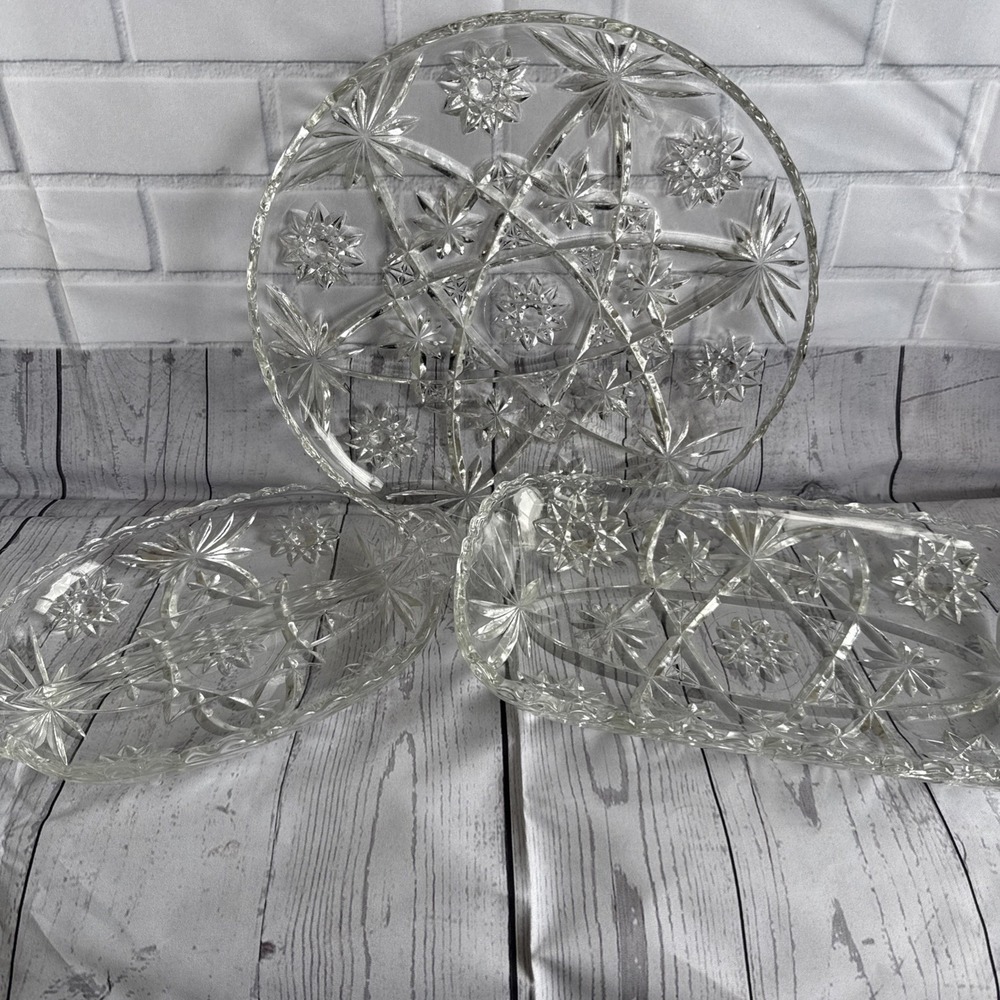 Set of 3 Anchor Hocking Early American Prescut Glass STAR OF DAVID Platters